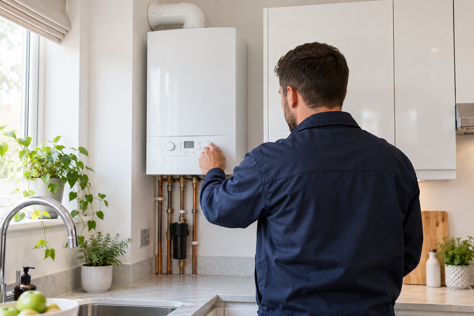 Illustrative photograph of an engineer checking a boiler in a kitchen
