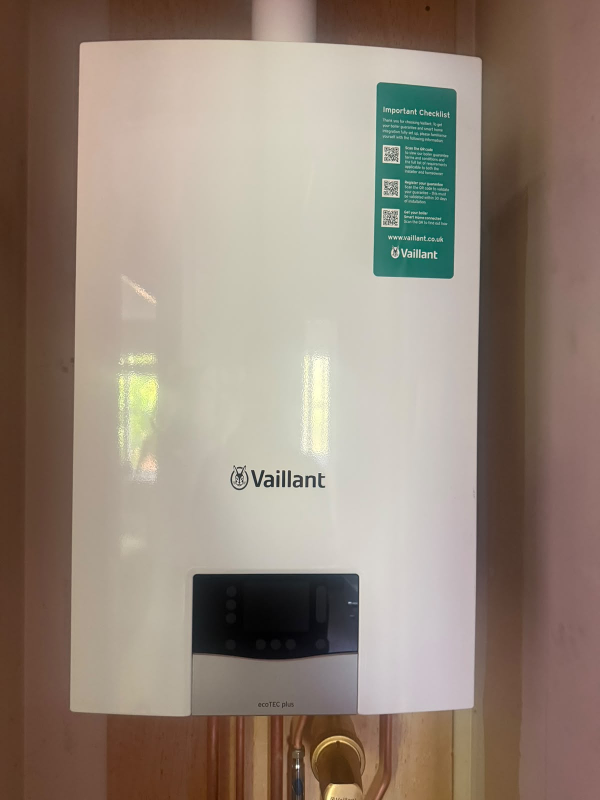Vaillant ecoTEC plus combi boiler installed in an airing cupboard