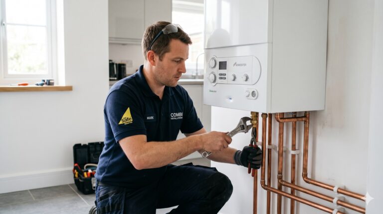 Gas Safe engineer installing a new combi boiler in a Kent home