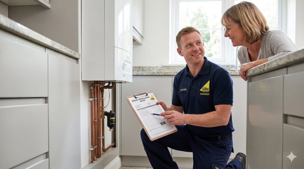 Gas Safe registered boiler installer providing a fixed-price quote to a homeowner in Kent