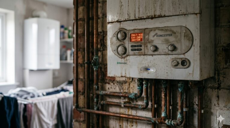 Old boiler showing signs of wear and a fault code — signs it needs replacing